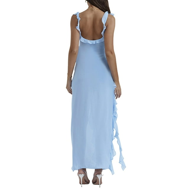 Vestido largo sin mangas sexy con abertura alta y volantes para mujer, color liso, poliéster y spandex, XS-L-XL