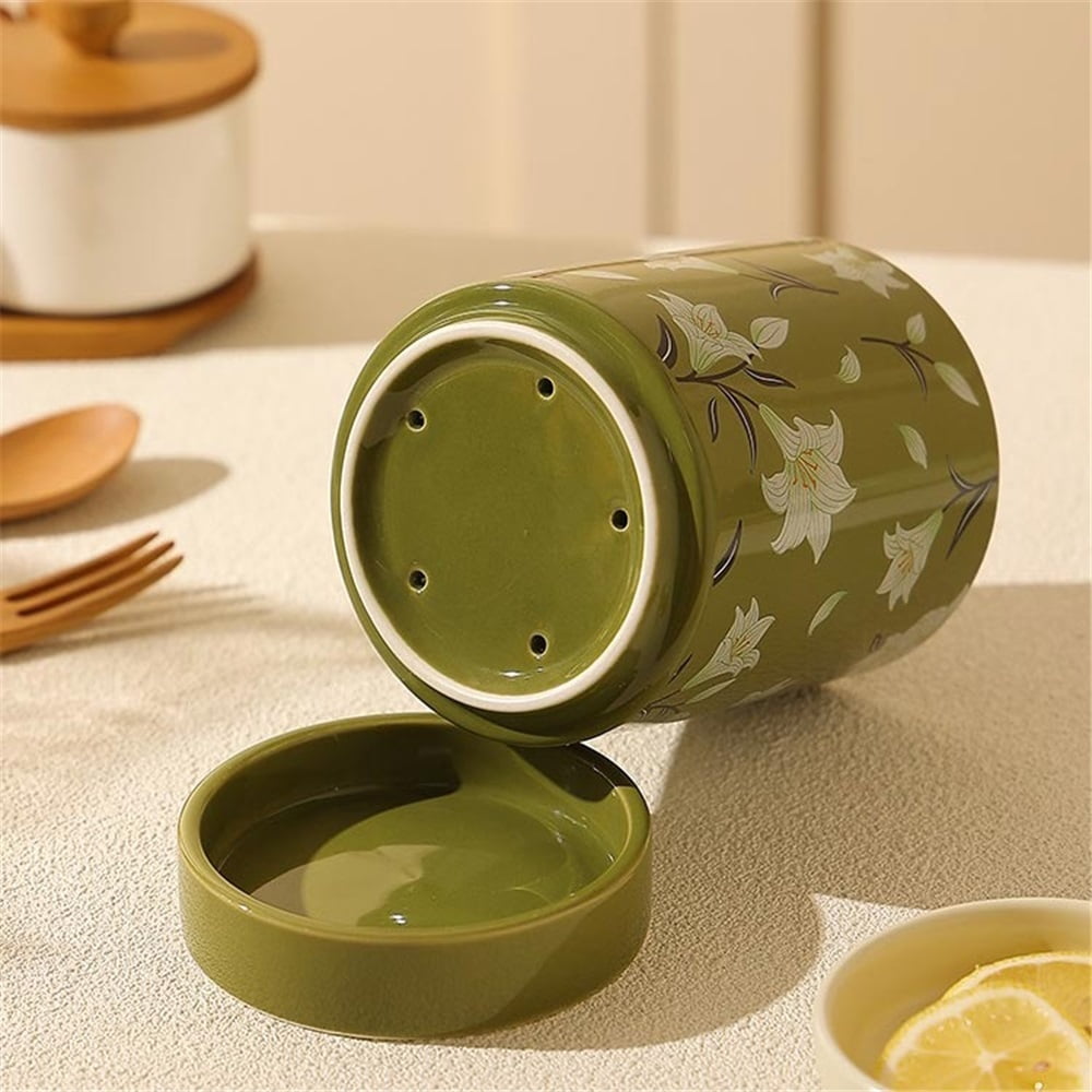 Ceramic Utensil Holder,  Kitchen Utensil Crock for Counter Drying Rack with Drain Tray
