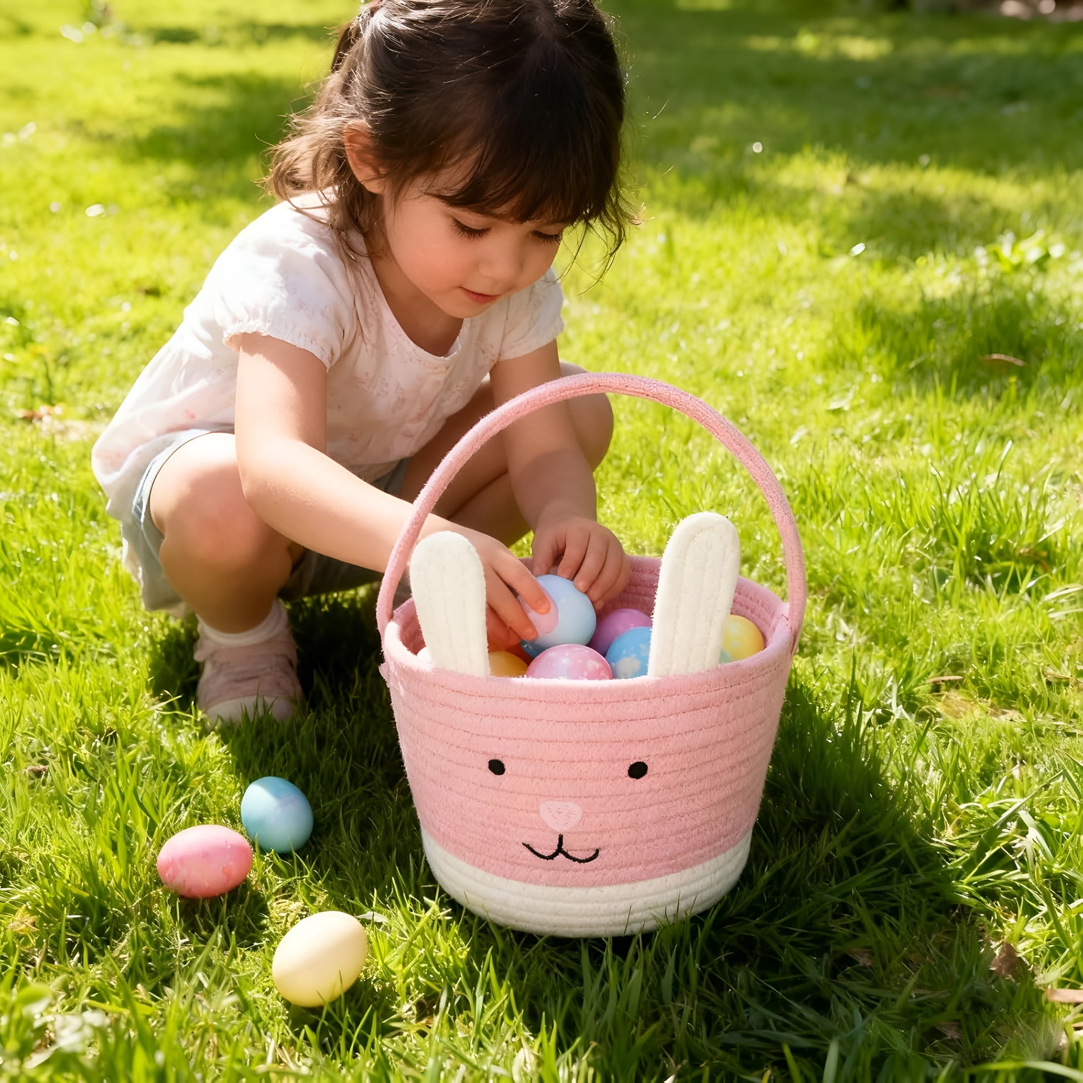 GASTROPOD 2026 New Easter Basket,Easter Bunny Baskets with Handle,Baby Gift Baskets,Egg Buckets Gifts Tote Bags Egg Hunt Basket for Kids,Boys,Girls,Toddler,Babies,Infant (Pink+White)