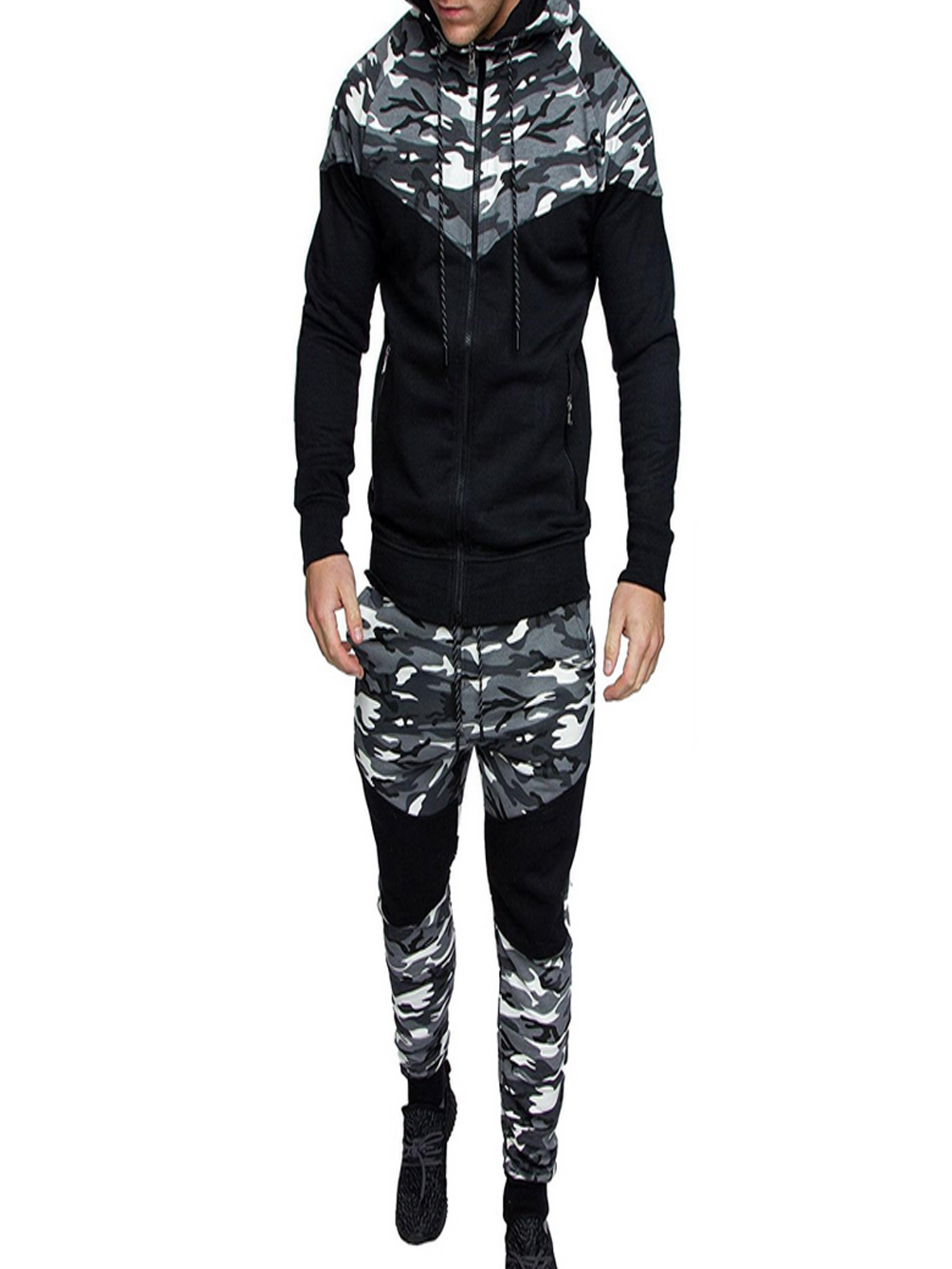 Licupiee 2 Piece Outfit Sport Set Men Tracksuit Set Camouflage Hooded