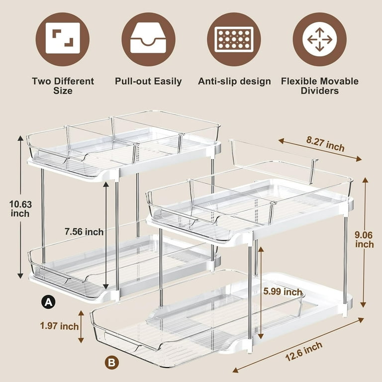 Clear Under Sink Organizers, Delamu 2-Tier Pull Out Bathroom Under Sink  Storage Stackable Kitchen Pantry Organization with 8 Movable Dividers, 2  Pack 