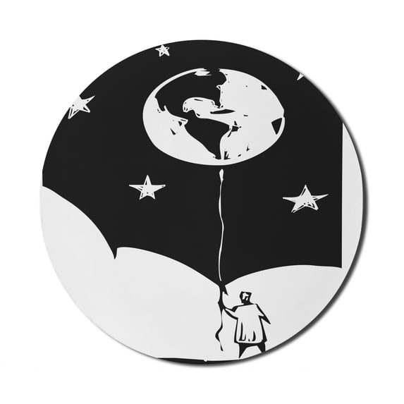 Abstract Mouse Pad for Computers, Nighttime Illustration of a Boy Looking Up Holding a Balloon Stars Earth, Round Non-Slip Thick Rubber Modern Mousepad, 8" Round, Charcoal Grey White, by Ambesonne