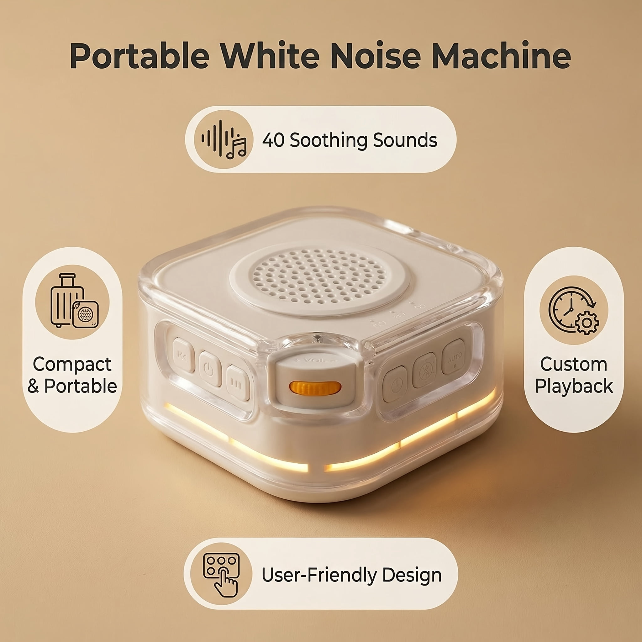 Portable White Noise Machine, 40 Soothing Sounds, Sleep Aid For, Office, Travel, 8-12H Battery