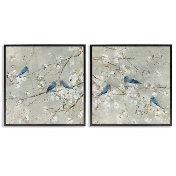Stupell Industries Rustic Lodge Blue Birds Perched Tree Blossoms Black 2pc Framed Giclee Art Set, 12 x 12 each, by Sally Swatland