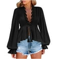 thumbnail image 2 of Womens Deep V Neck Tops Ruffled Long Sleeve Floral Print Lace Trim Tie Front Blouses Sexy Casual Lace-up Shirts (XL, Black|Solid), 2 of 8