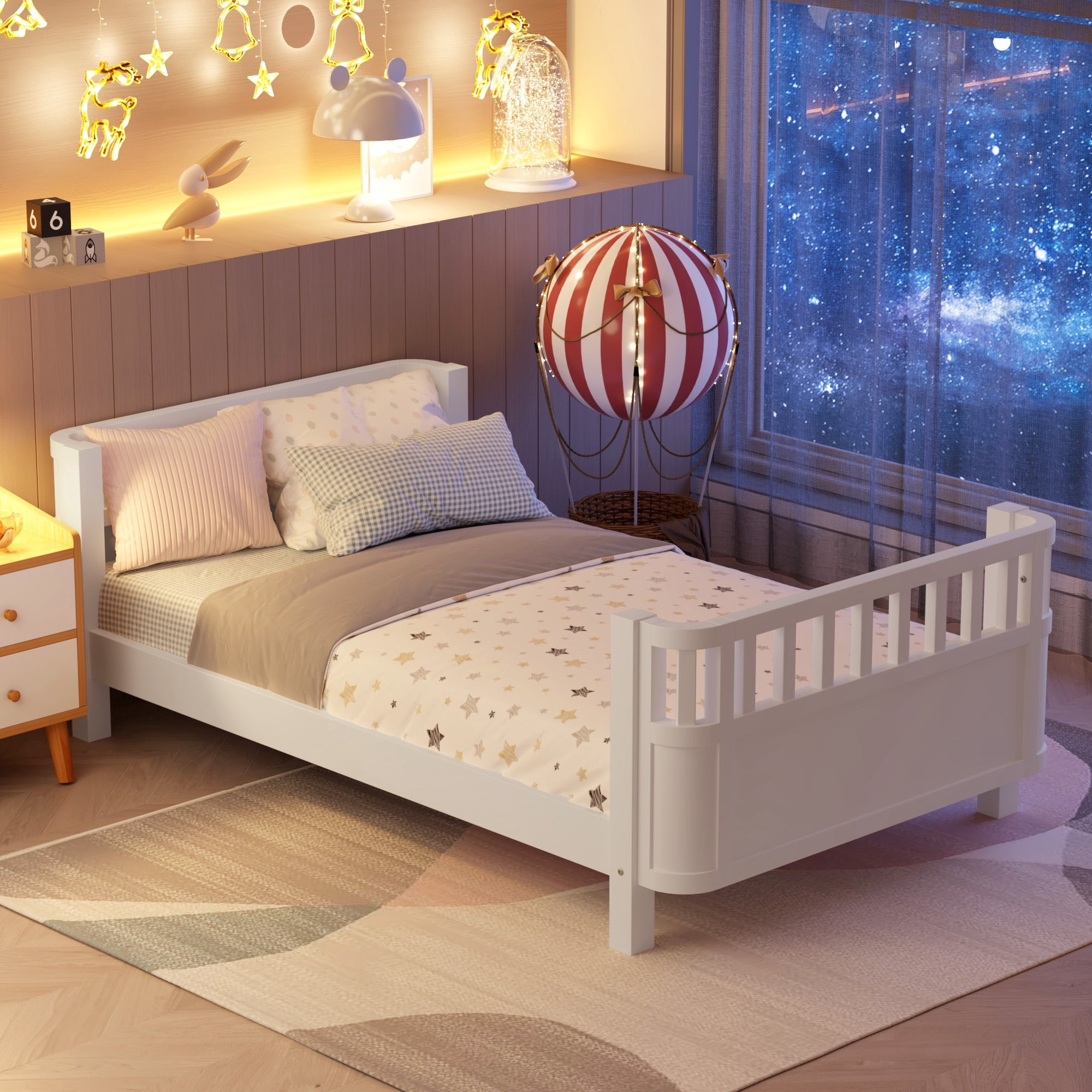 Euroco Wood Twin Size Platform Bed, Low Profile Bed with Rails for Kids and Toddlers, White