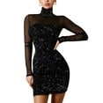 thumbnail image 1 of YAGHYAGH Womens Long Sleeve High Neck Mesh Sheer Spliced Spakle Bodycon Mini Dress, 1 of 4