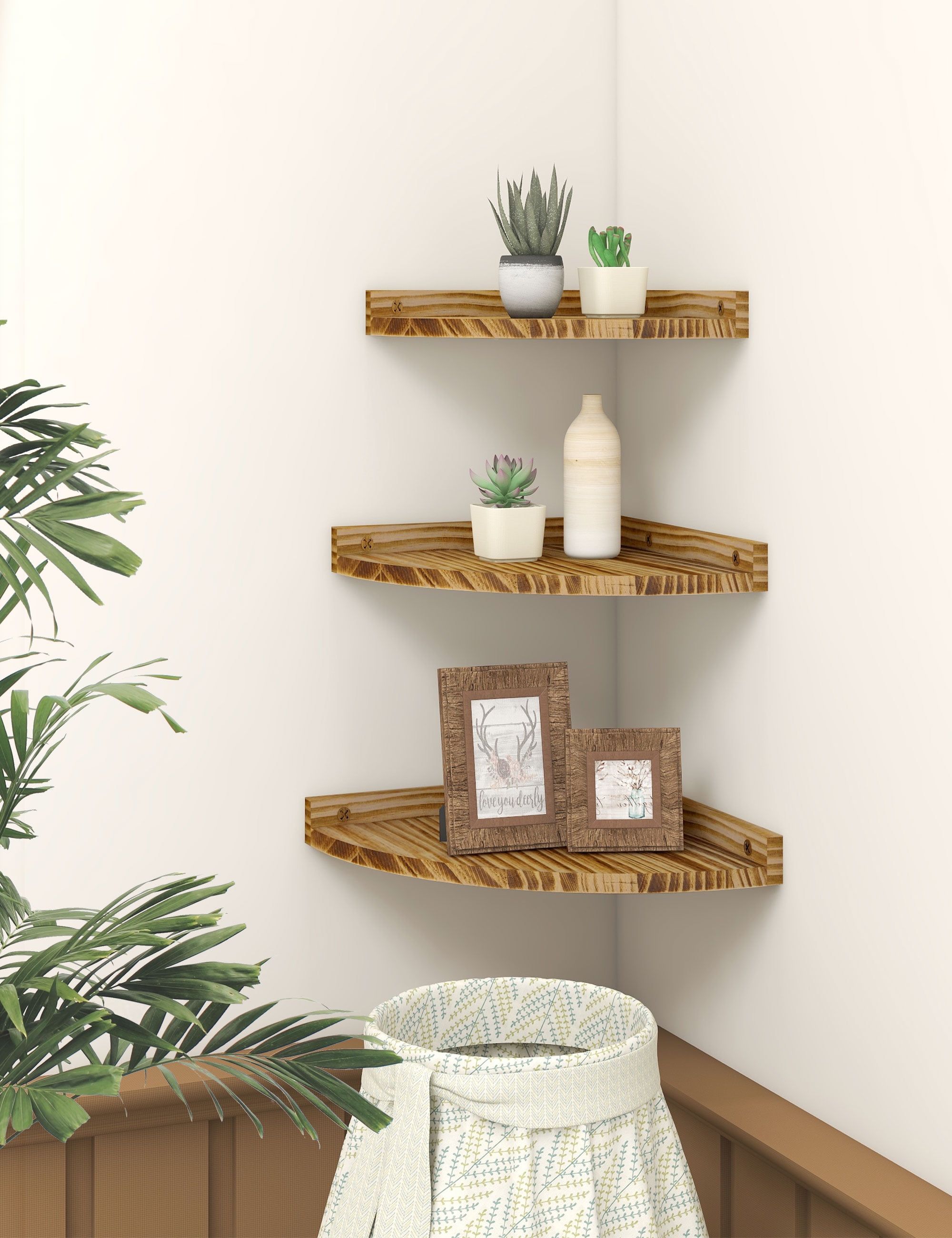 Afuly Floating Corner Shelves for Wall, Rustic Solid Brown Wood Wall Mounted Corner Shelf, 3 Set