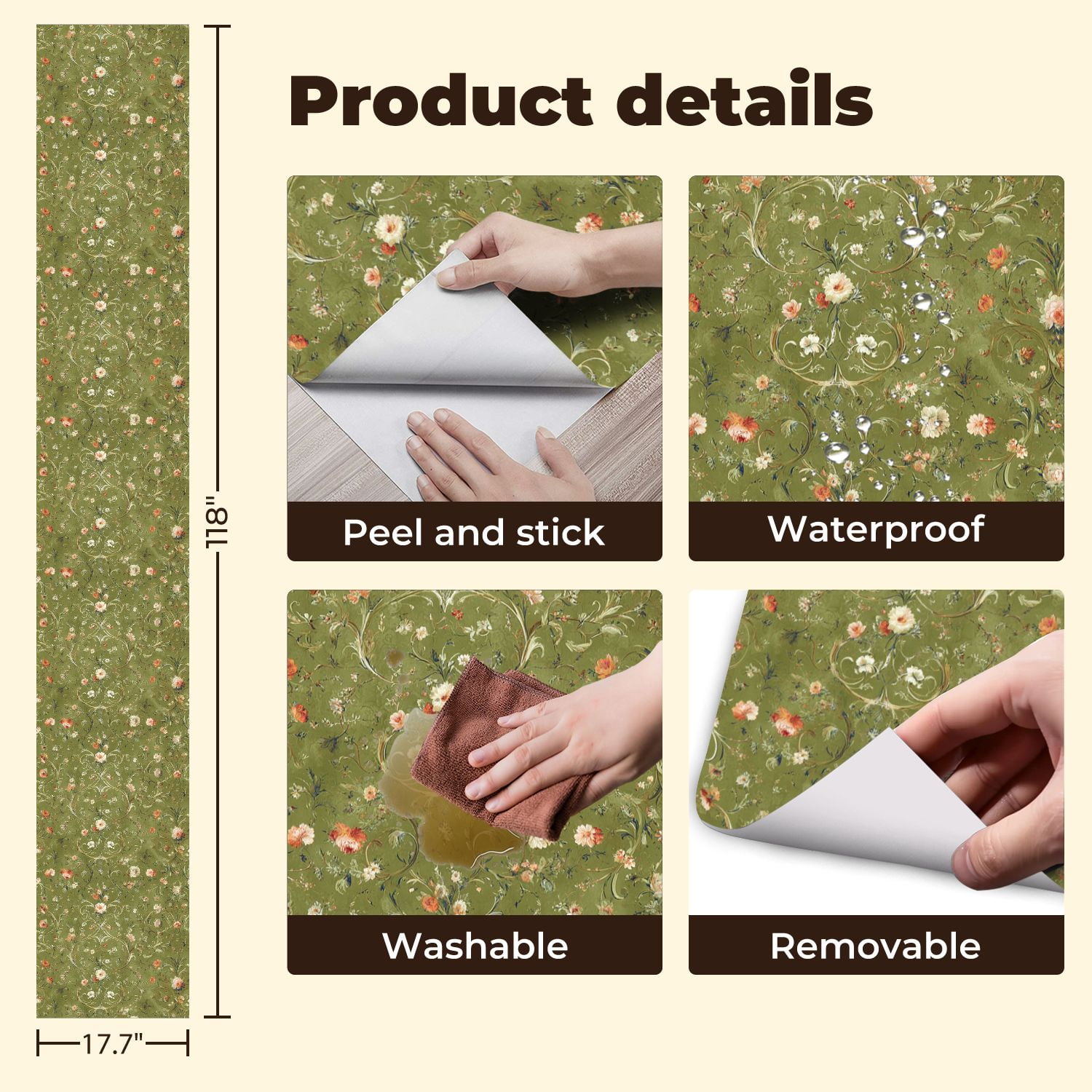 Peel and Stick Wallpaper Vintage Floral Soft Green Delicate Blooms Wall Mural 17.7in x 9.8ft Self Adhesive Removable Wall Paper Renter Friendly Wallpaper for Nursery Bedroom Cabinets