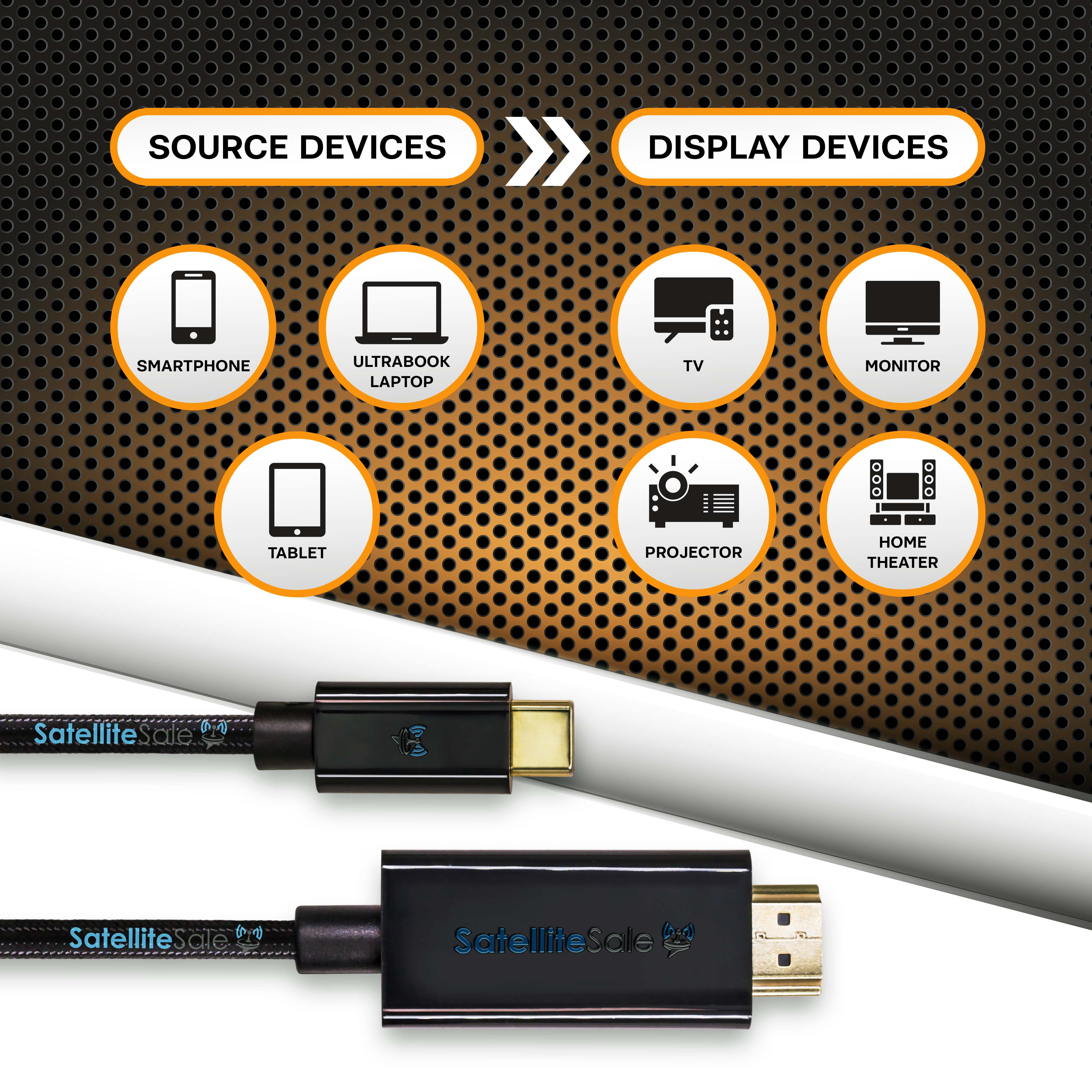 SatelliteSale Digital USB Type C to HDMI Universal Cable Adapter Nylon Wire Universal Wire for Laptop, TVs, Monitors, Black Cord 30 feet