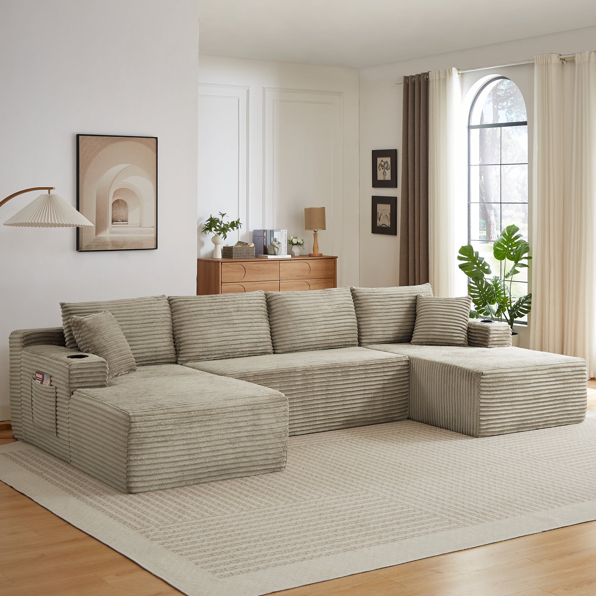 Leumius 133" Oversized Boneless Sectional Couches for Living Room,Modern Corduroy U Shaped Modular Sectional Sofa with Deep Seat,6-Seat Cloud Couch with Cupholders and Side Pockets,No Assembly,Camel