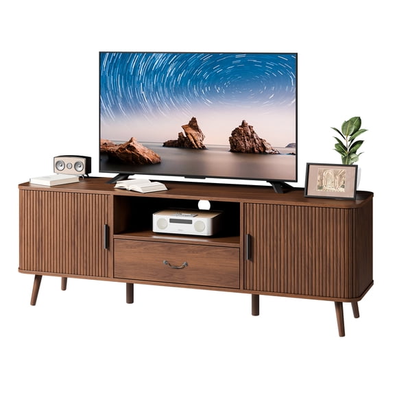 Hersunpl 63" Contour Mid-Century Modern TV Stand  Media TV Console for Living Room Metal Legs for up to 70' TV Walnut