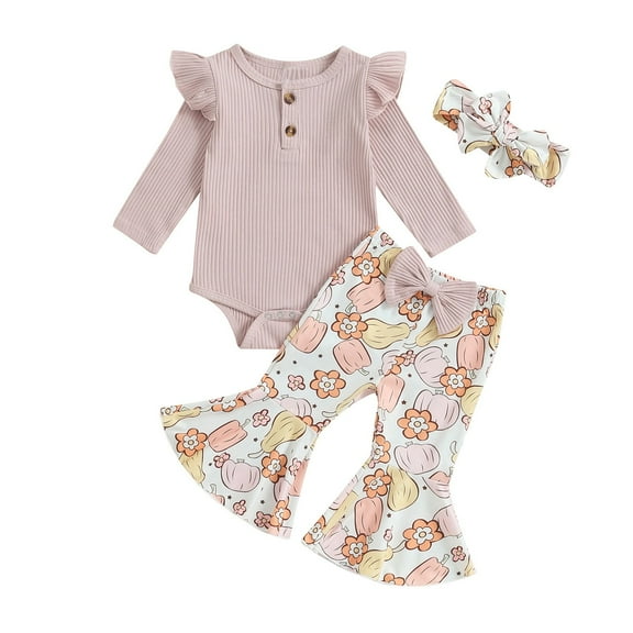 EnJoCho Toddler Girls Autumn Outfit, Cozy Cotton Hoodie with Solid Color Round Neck and Pumpkin Print Flared Pants Set, Warm Long Sleeve Playwear for Kids