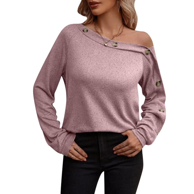 Jersey de mujer con hombros descubiertos, manga larga, color puro, sudadera, blusa para otoño invierno, rosa, M
