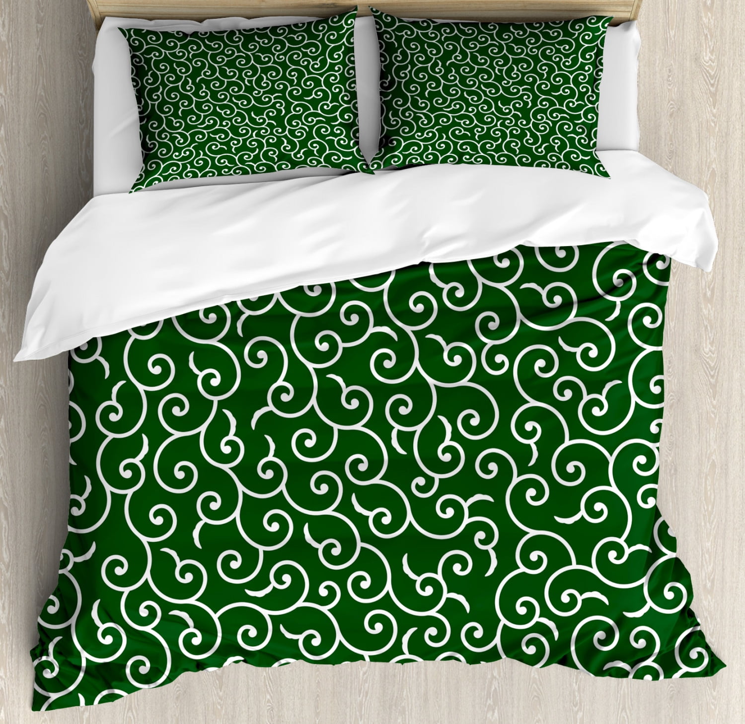 Green Duvet Cover Set Traditional Ancient Japanese Pattern With