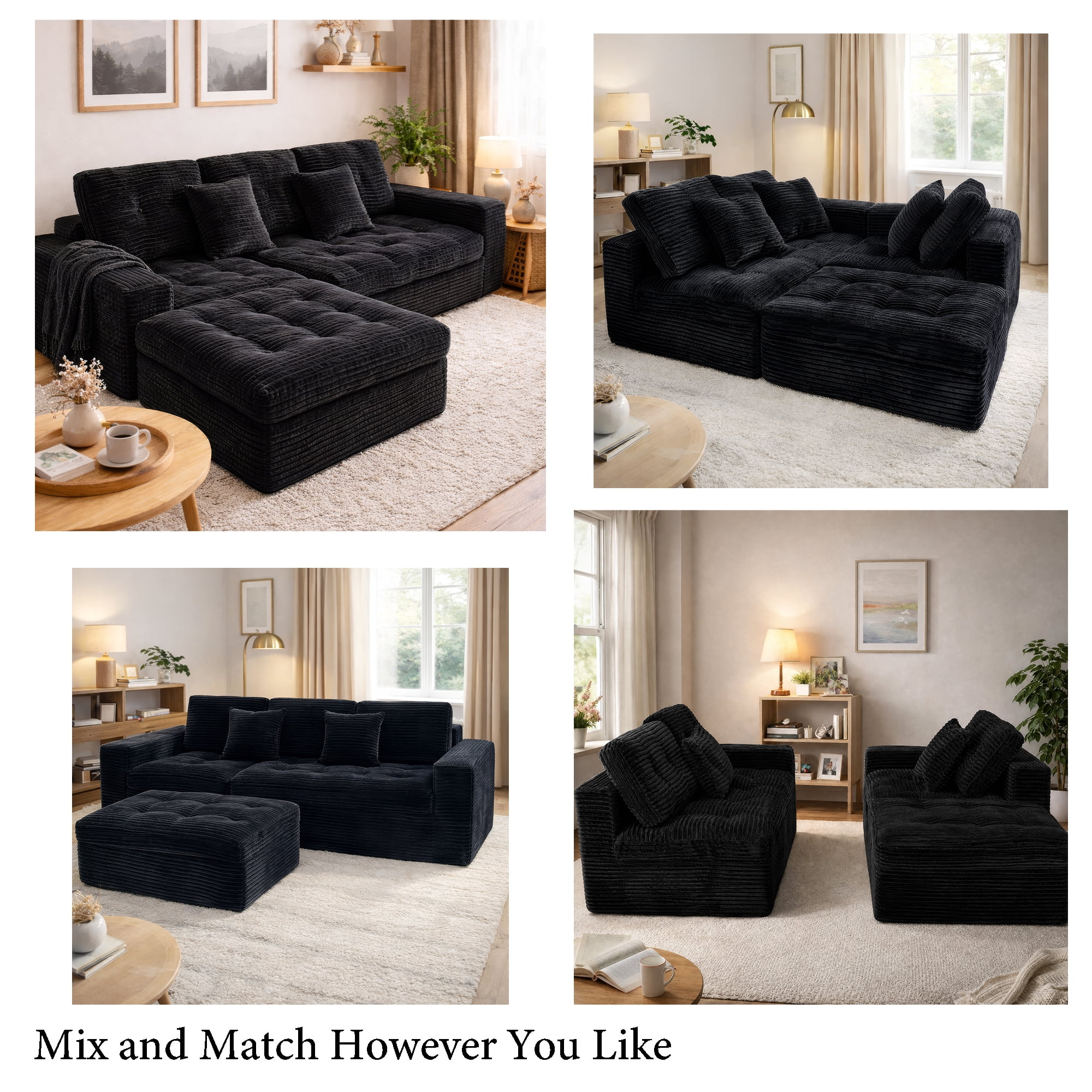 Aisword 105"W Modular Cloud Sectional Sofa with Ottoman,Faux Rabbit Fur Velvet Frameless Sectional Sofa Couch for Living Room,Black