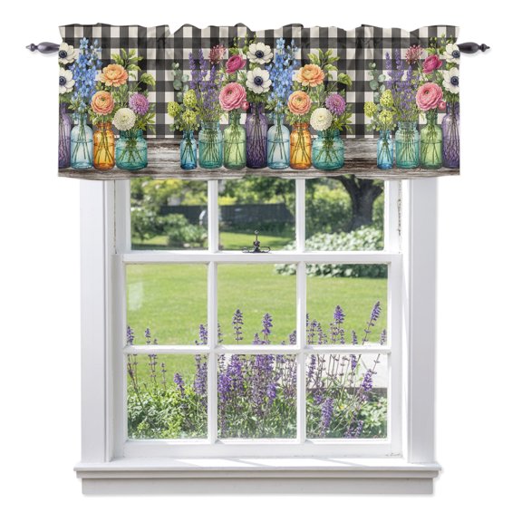 Kitchen Cafe Valance Curtain for Small Windows,Rustic Colorful Flower Rod Pocket Short Valances,42x12in