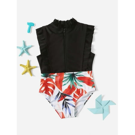 

Toddler Girls Tropical Print Frill Trim One Piece Swimsuit Swimwear S221904X Multicolor 120(5-6Y)