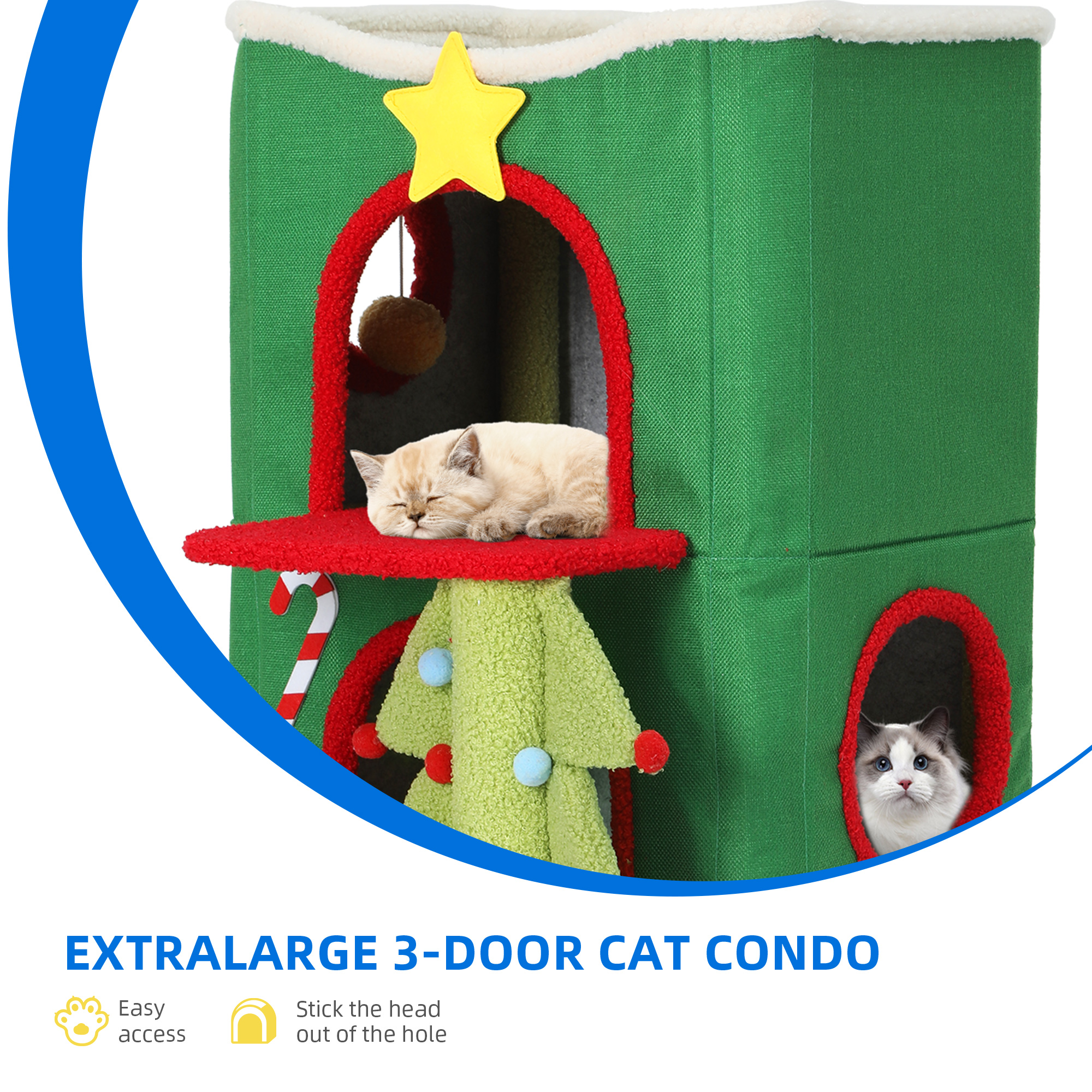 Dextrus Christmas 3 Level Cat House, Indoor Cat Flap Bed PlayHouse, Covered Cat Bed with Scratch Pad & Hideaway Cave, Suitable for Multiple Kitten