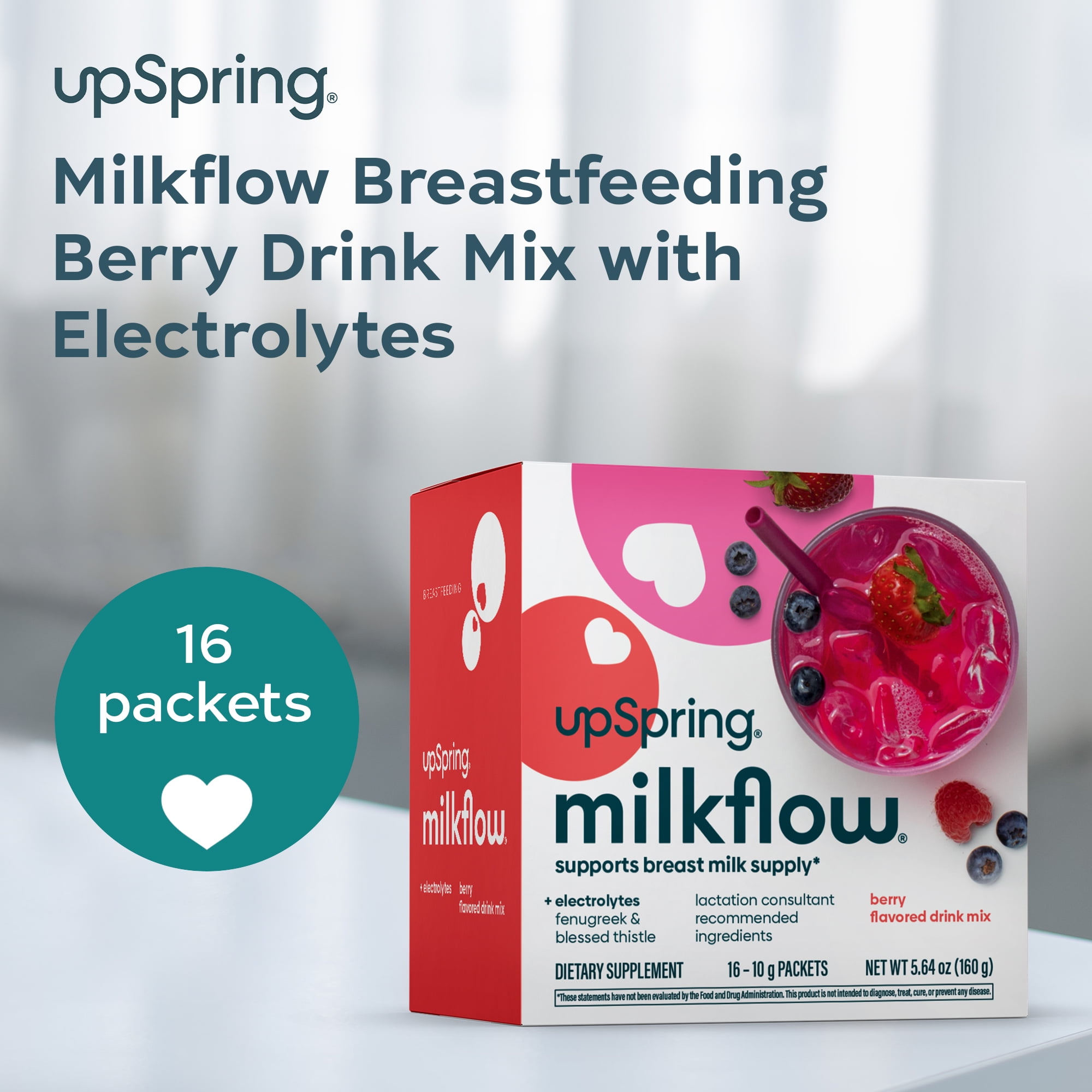 UpSpring Milkflow Fenugreek & Blessed Thistle Breastfeeding Drink Mix with Electrolytes, Berry, 16 Count