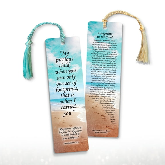 Footprints in The Sand Bookmark - 12 Pack, 2-Sided, Christian Inspirational Bible Book Mark with Tassels, Bulk Religious Book Markers for Reading, 7.25"x2"