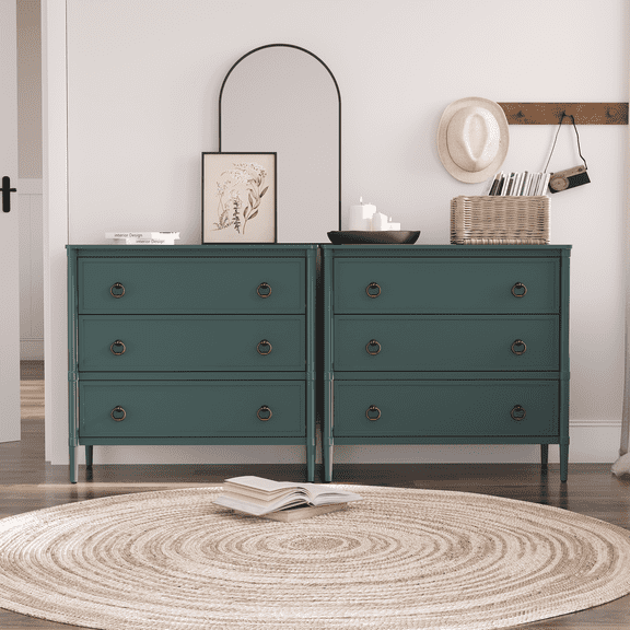 ZOSQUARE 3 Drawer Dresser Set of 2, Dresser for Bedroom, 32 inch Wide Chest of Drawers with Metal Ring Pulls,Large Nightstand for Kids Adults Bedroom