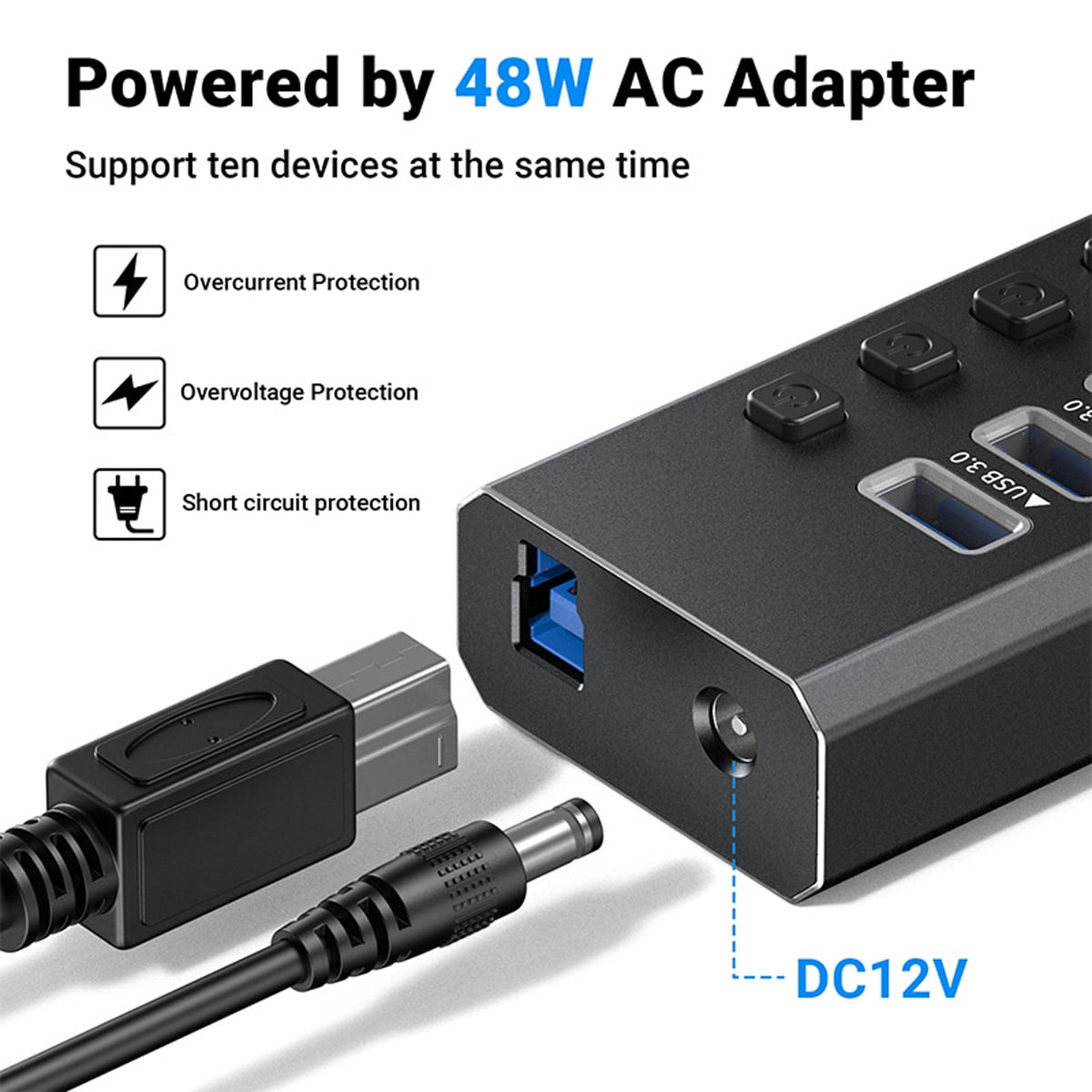 Powered USB Hub 3.0,AUBEAMTO 7-Port USB 3.0 Hub [Durable Aluminum] 7 Data Transfer Ports+ 4 Smart Charging Ports with Individual On/Off Switches, USB Hub 3.0 Powered with Power Adapter for Laptop PC