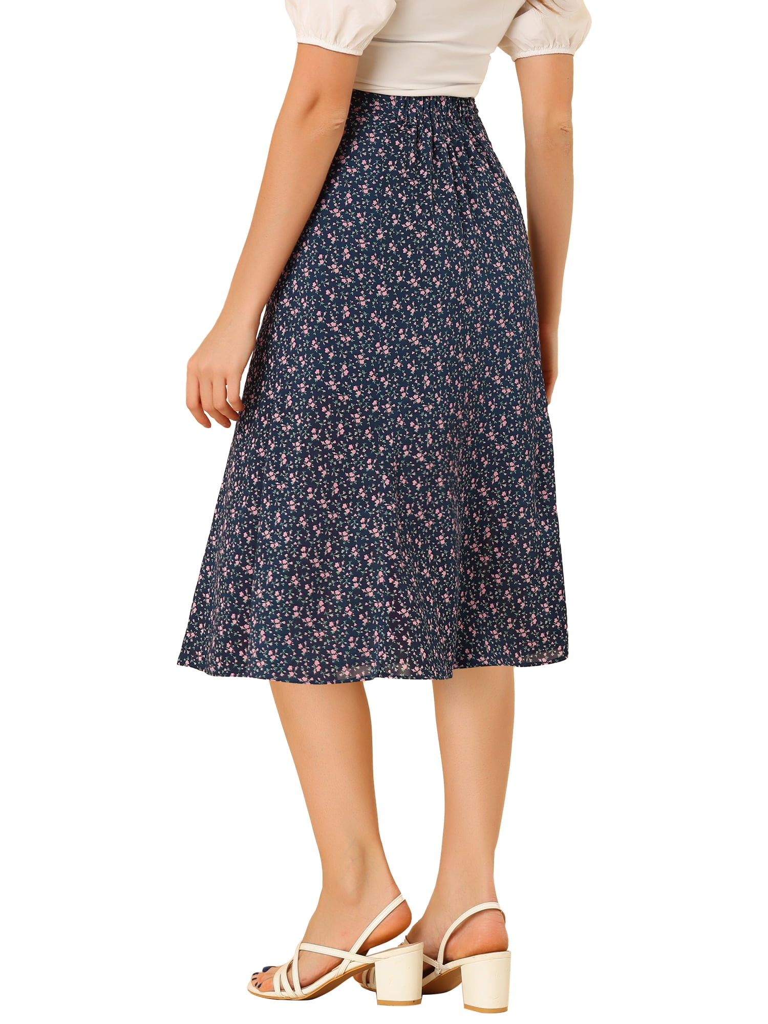 DARING DIVA Women's Elastic Waist A-Line Floral Print Midi Skirt M Navy Pink