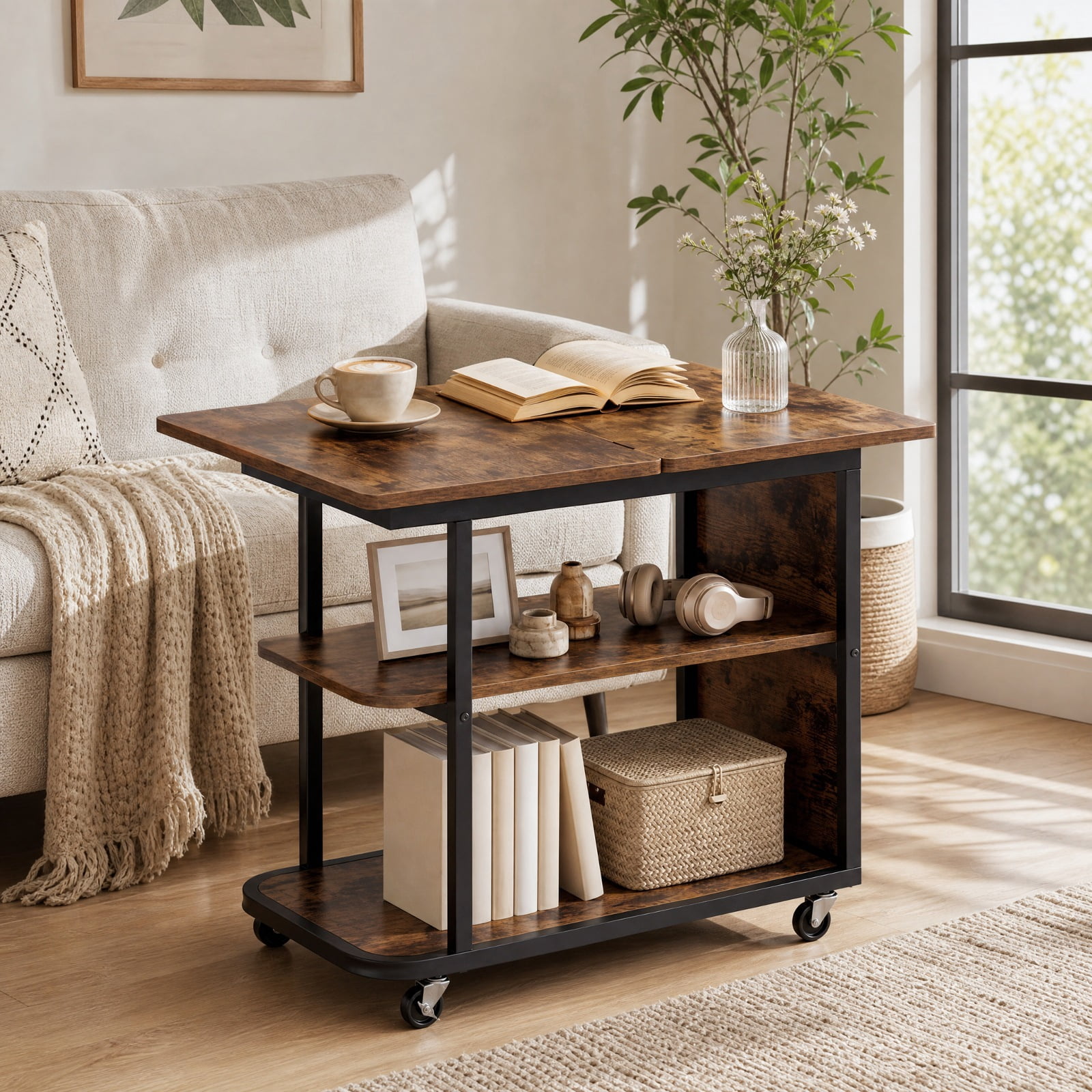Furnibear Mobile Nightstand with Foldable Swivel Top and 2 Tier Shelf Rolling Bedside Table for Small Spaces Bedroom, Rustic Brown