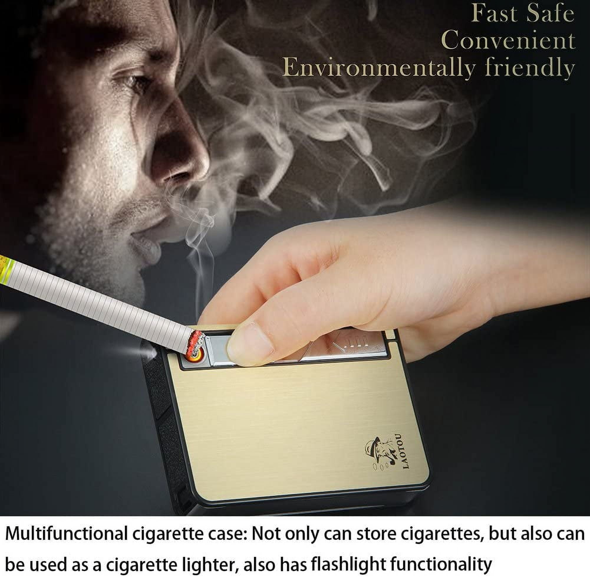 Moonwbak Cigarette Case Lighter, Multifunction Cigarette Box Holder USB Electric Rechargeable Cigar Lighter,Push Out Cigarette Holder with Electric Torch (Gold-Black)
