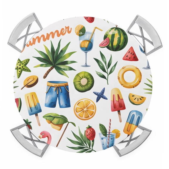 Summer Beach Round Tablecloth for 36-44 Inch Tables,Fitted Table Cover with Elastic Edge,Tropical Coconut Watermelon Lemon Flamingo Waterproof Outdoor Table Cloth Protector for Patio Garden Dinner