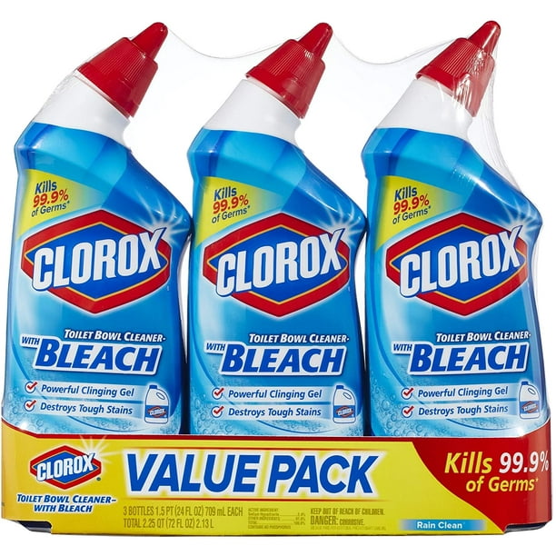 Clorox Toilet Bowl Cleaner with Bleach, Rain Clean 24 Ounce, 3 Pack