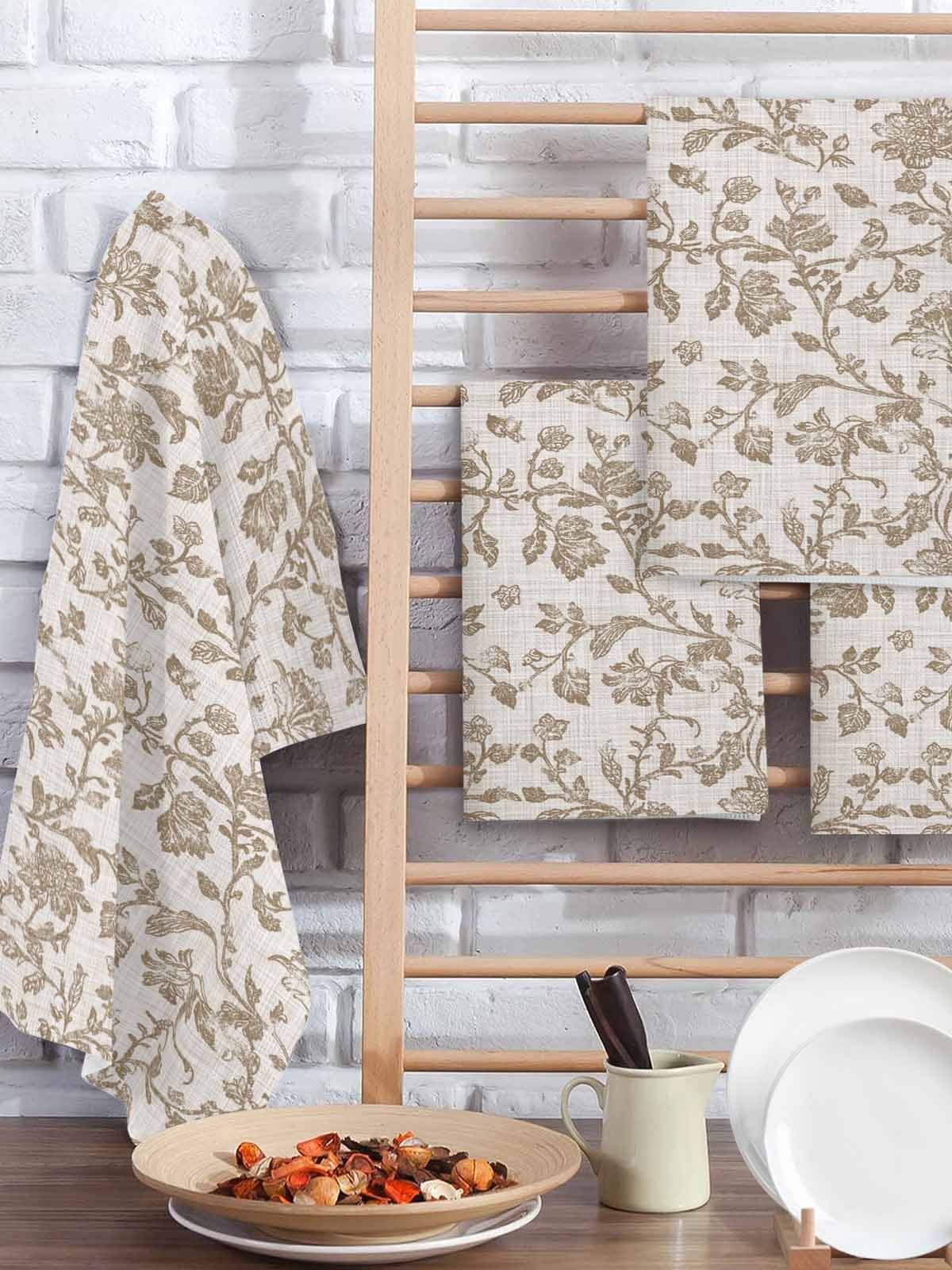 Farmhouse Khaki Hand Towels Set, Waffle Weave Kitchen Towels 3 Pieces, Vintage Flower Leaf Botanical Plant Microfiber Hair Face Bath Tea Towel Absorbent Quick Drying Cleaning Dish Cloths 15.7"x23.6"