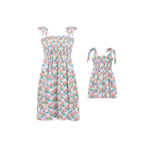 Liacowi Easter Mommy and Me Family Matching Dress Sweet Bunny Printing Colorful Plaid Sleeveless Lace Suspender Dress