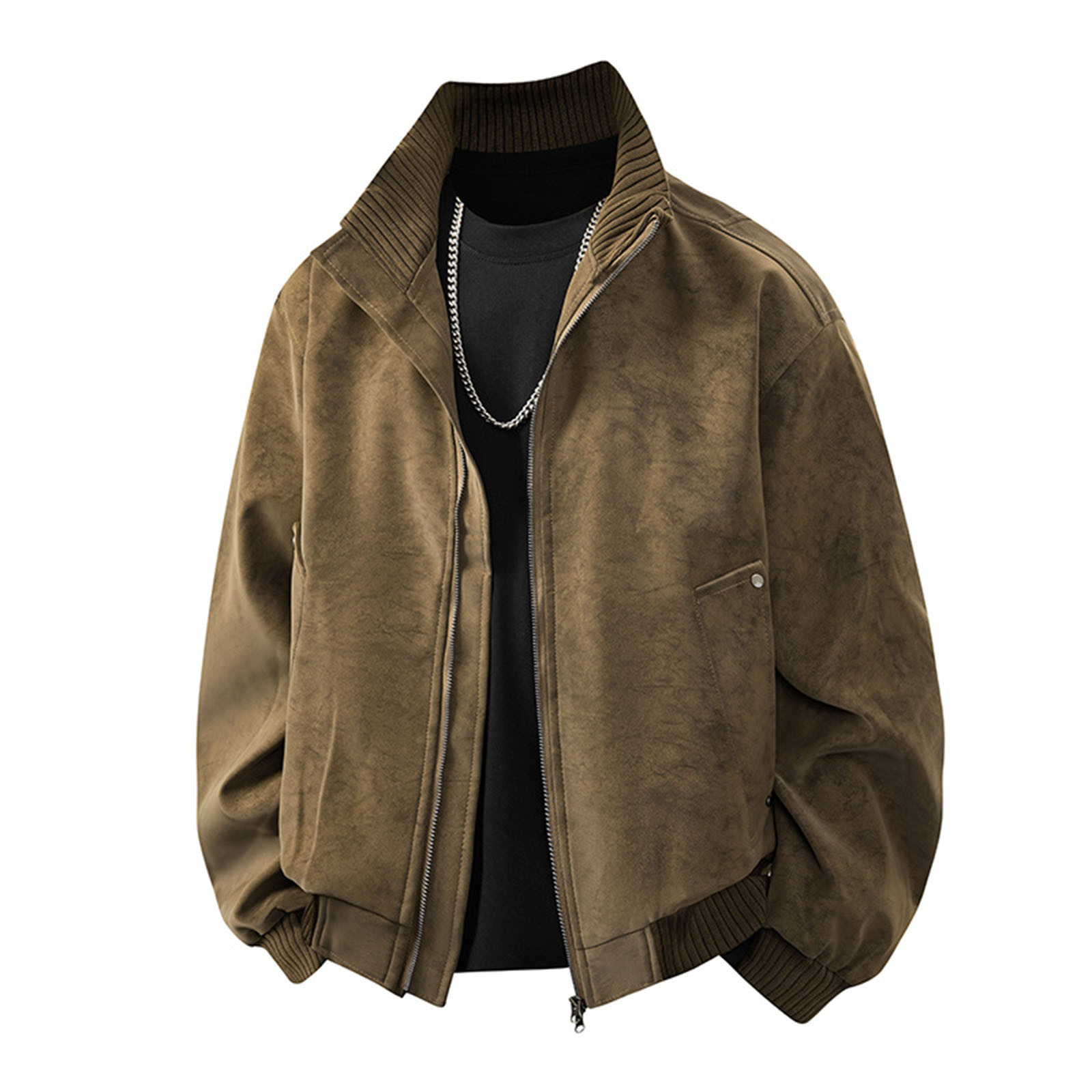 Wrtxtat Full Zip Leather Jacket for Men Relaxed Fit Mock Neck