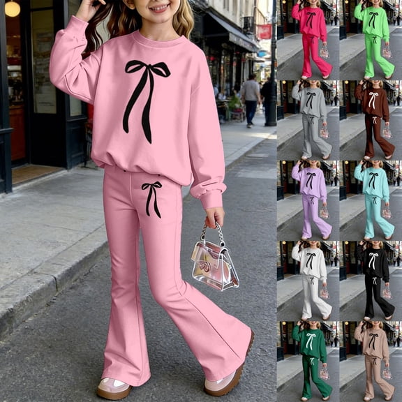 LRen Girls Outfits Bow Print 2 Piece Long Sleeve Top and Flare Pants Set Crew Neck Trendy Print Fall Spring Suit Outdoor Casual Clothes Valentines Gift
