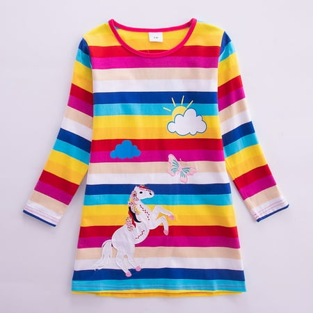 

THE WILD Girls Dresses Cute Colorful Striped Horse Print O-Neck Long Sleeve Midi Prom Dress Multi-color