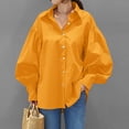 thumbnail image 2 of Womens Solid Color Casual Shirt Long Sleeve Lapel Button Blouse Loose Top Turn Down Collar Yellow S, 2 of 7