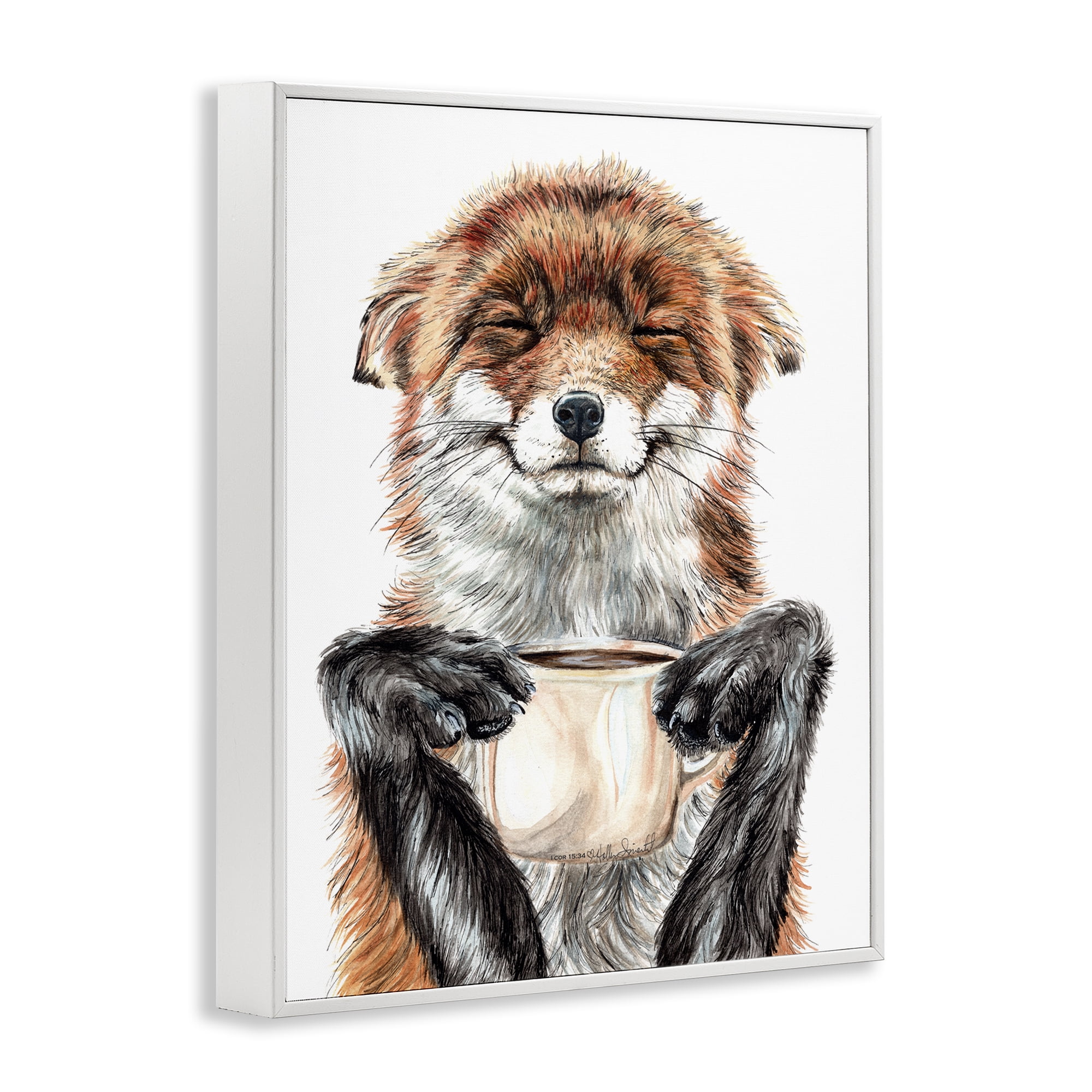 Stupell Industries Happy Fox with Coffee Animals Painting White Framed Art Print Wall Art, 14 x 11