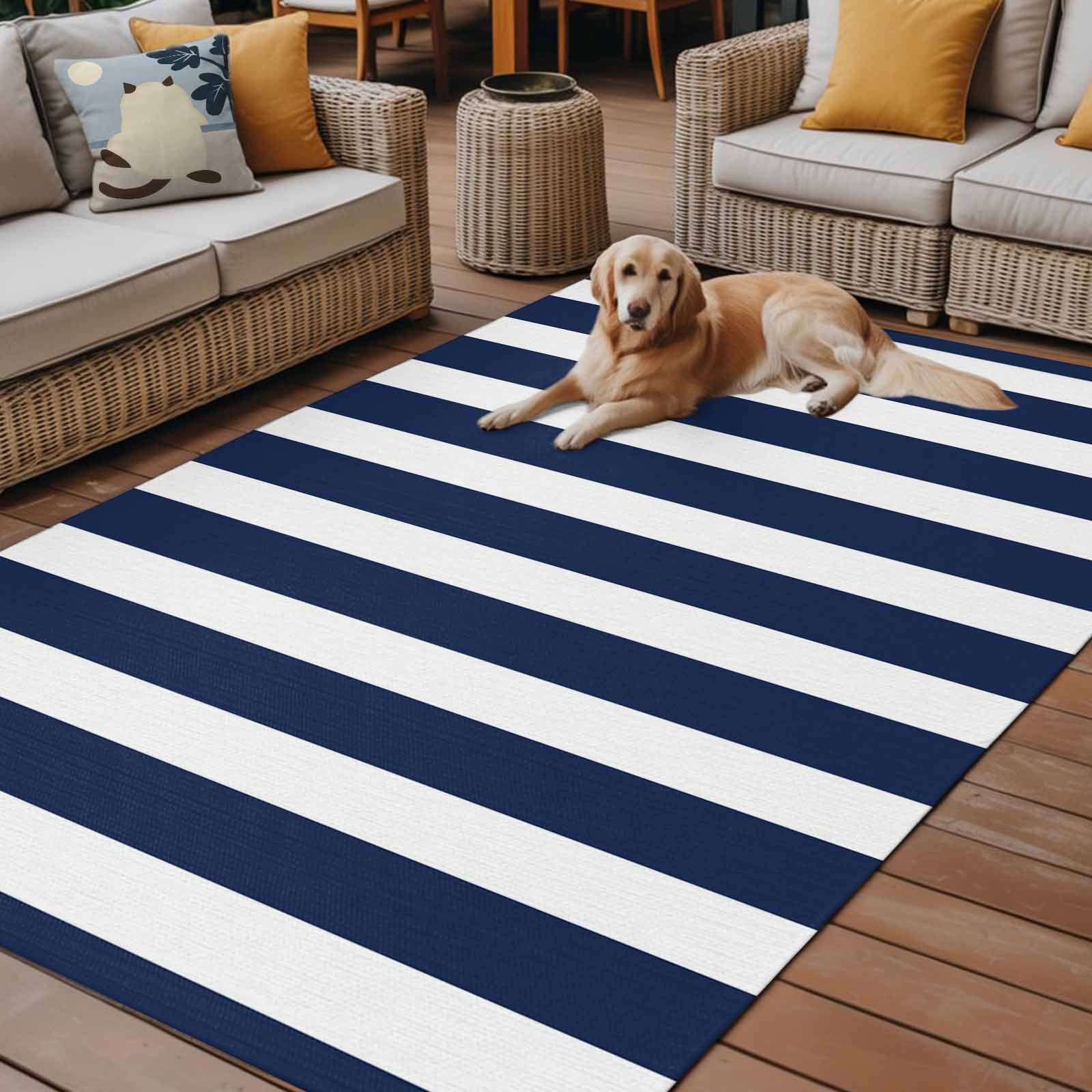 Outdoor Rug 4x6 ft Navy Blue White Geometric Stripes Waterproof Outdoor Patio Rug Mat Non Slip Outside Area Rugs Carpet for RV,Camping,Porch,Deck,Pool,Balconybackyard,Minimalist Modern Art