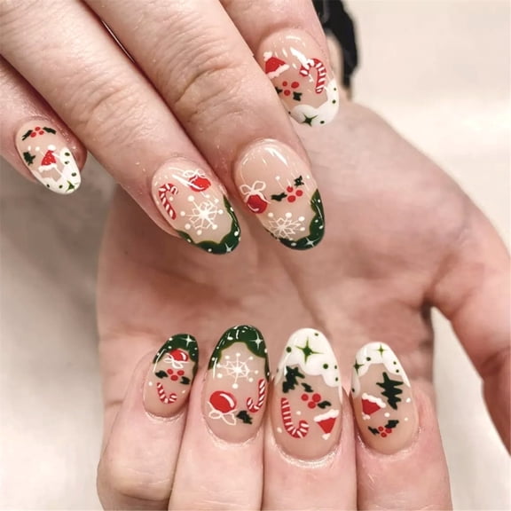 Yiran Christmas Snowflake Cane Tree Fresh Short Glossy Oval Press On Nails 24 Pcs, 1 Box