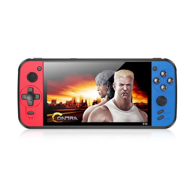 nueva consola de juegos portátil x16 de 6,5 pulgadas, 8 gb con cámara en caja 6000 mah roja + azul — vista frontal centrada; consola retro portátil con carcasa lateral roja a la izquierda y azul a la derecha, d-pad y joystick izquierdo en rojo, botones y joystick derecho en azul, pantalla 6.5" muestra arte de juego tipo acción con logo "Contra" y sello X16 en el bisel inferior; fondo blanco. También adecuada para juegos retro y uso de viaje.