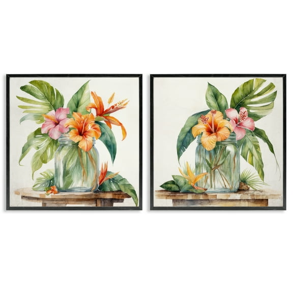 Stupell Industries Tropical Hibiscus Floral Jar Plants & Flowers Painting Black Framed Art Print Wall Art, 12 x 12, Set of 2