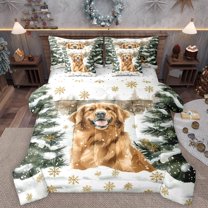 Homewish Cartoon Puppy Dog 7-Piece Twin Bedding Sets,Winter Pine Tree Bedding Comforter Set,Gold Xmas Tree Sheet Sets For Boys Kids,Breathable Home Decor Reversible