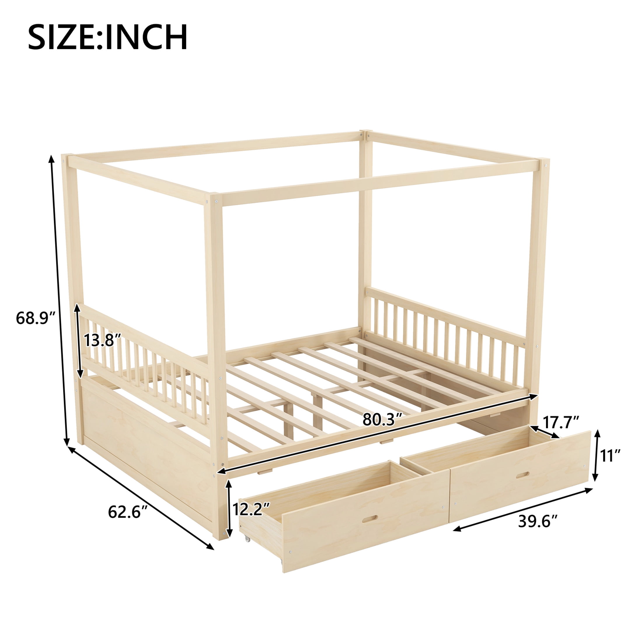 Noble House Stefan Queen Size Wooden Canopy Bed Frame with Storage Drawers, Farmhouse Decor Style, Natural