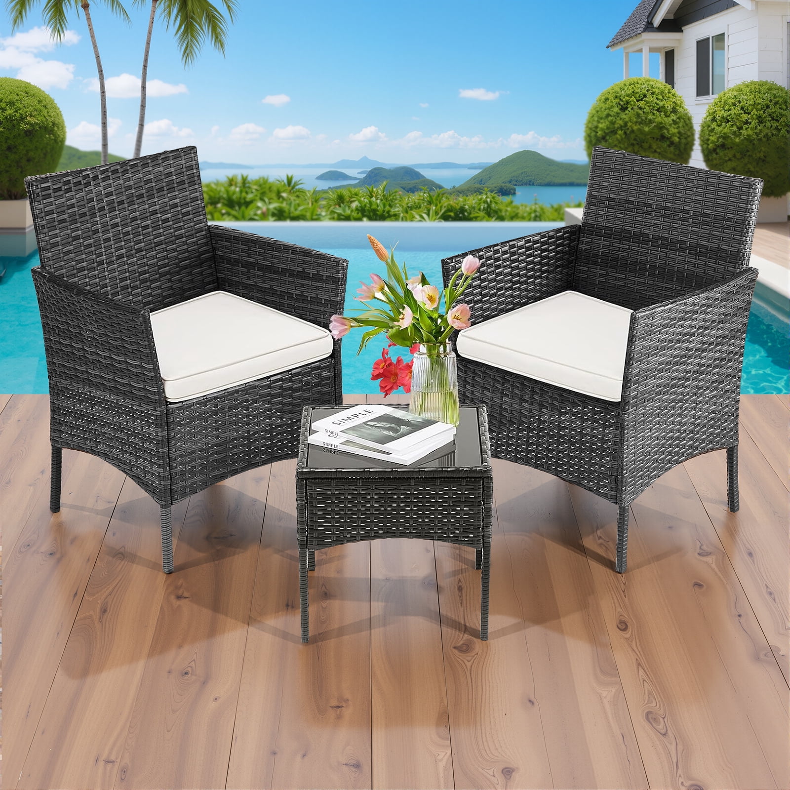 Simenmax Patio Furniture Set 3 Pieces, Outdoor Wicker Furniture with Coffee Table, Modern Rattan Patio Chairs Conversation Sets with Sofa for Garden, Terrace, Porch, Balconies, Lawns, Black