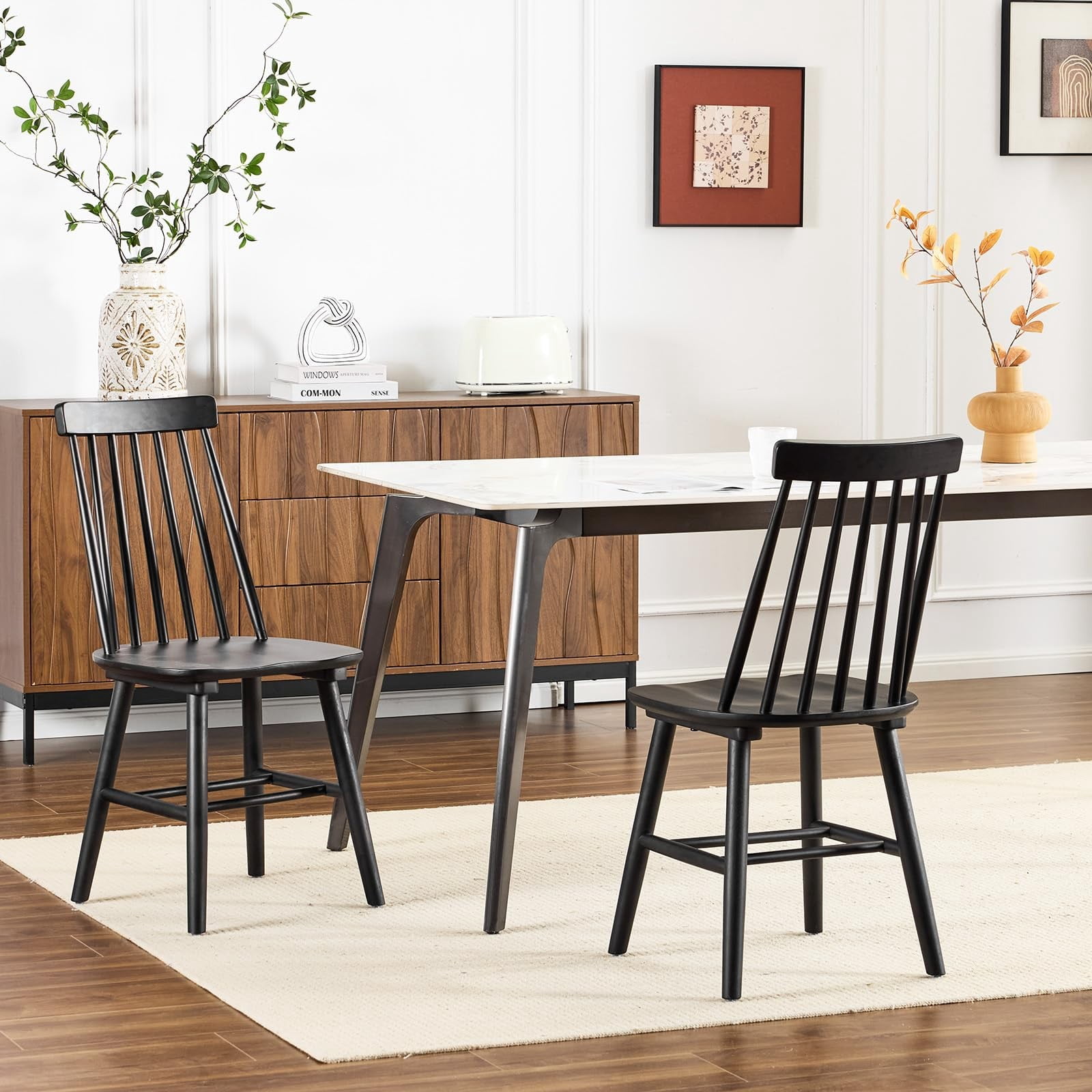 Black Farmhouse Dining Chairs Set of 6, Mid Century Modern Spindle Back Wooden Dining Room Chairs for Kitchen & Living Room