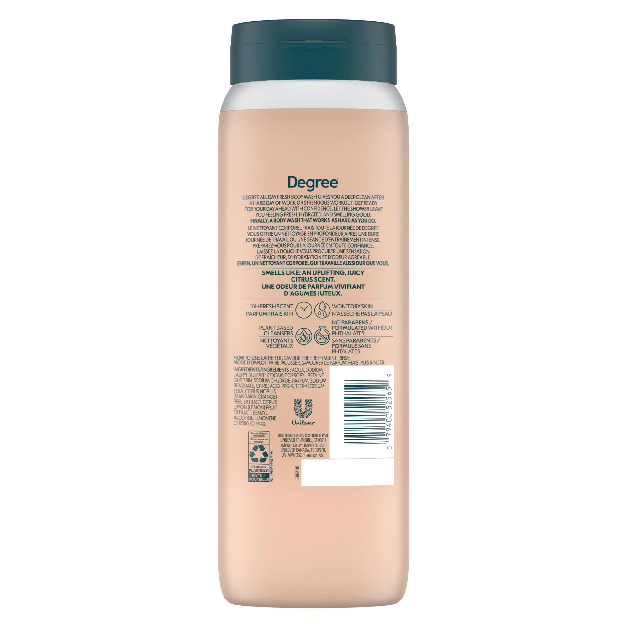 Degree All Day Fresh Body Wash, Fresh Citrus, Deep Cleansing for Hydrated Skin, Made with Plant Based Cleansers, 600mL