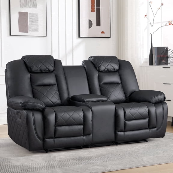 Bonzy Home Manual Recliner Sofa Set with Console & Adjustable Backrest, Theater Seating Living Room Furniture Set, with Cup Holders and Hidden Arm Storage, Black