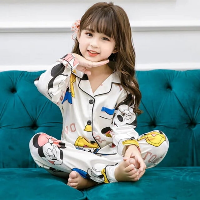 Pijamas de satén de Color liso para niños, ropa de dormir de Mickey de seda con pantalones, conjuntos de pijama de dibujos animados para niñas de 3 a 14 años